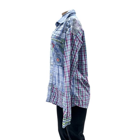 90's Desigual Long Sleeve Plaid Patchwork Floral Button Up‎ Shirt Unisex Mens M - Picture 4 of 12